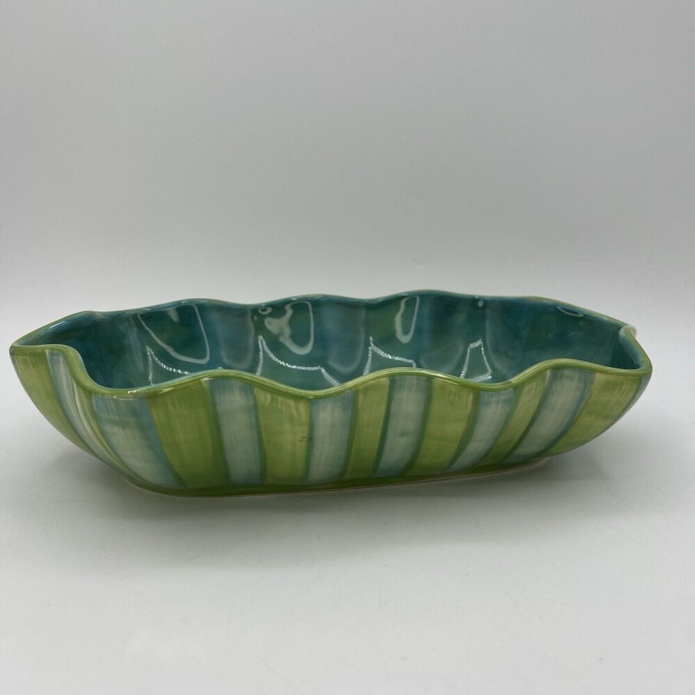 Gail Pittman Provence 11" Ruffled Serving Bowl Dish Green Bands Stripe